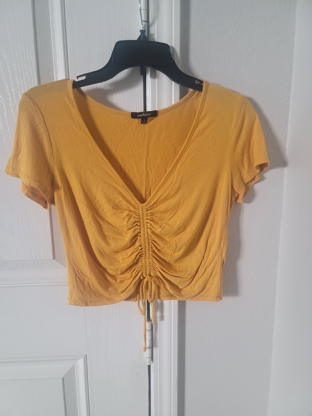 Ambiance Yellow Drawstring Ruched V-Neck Crop Top